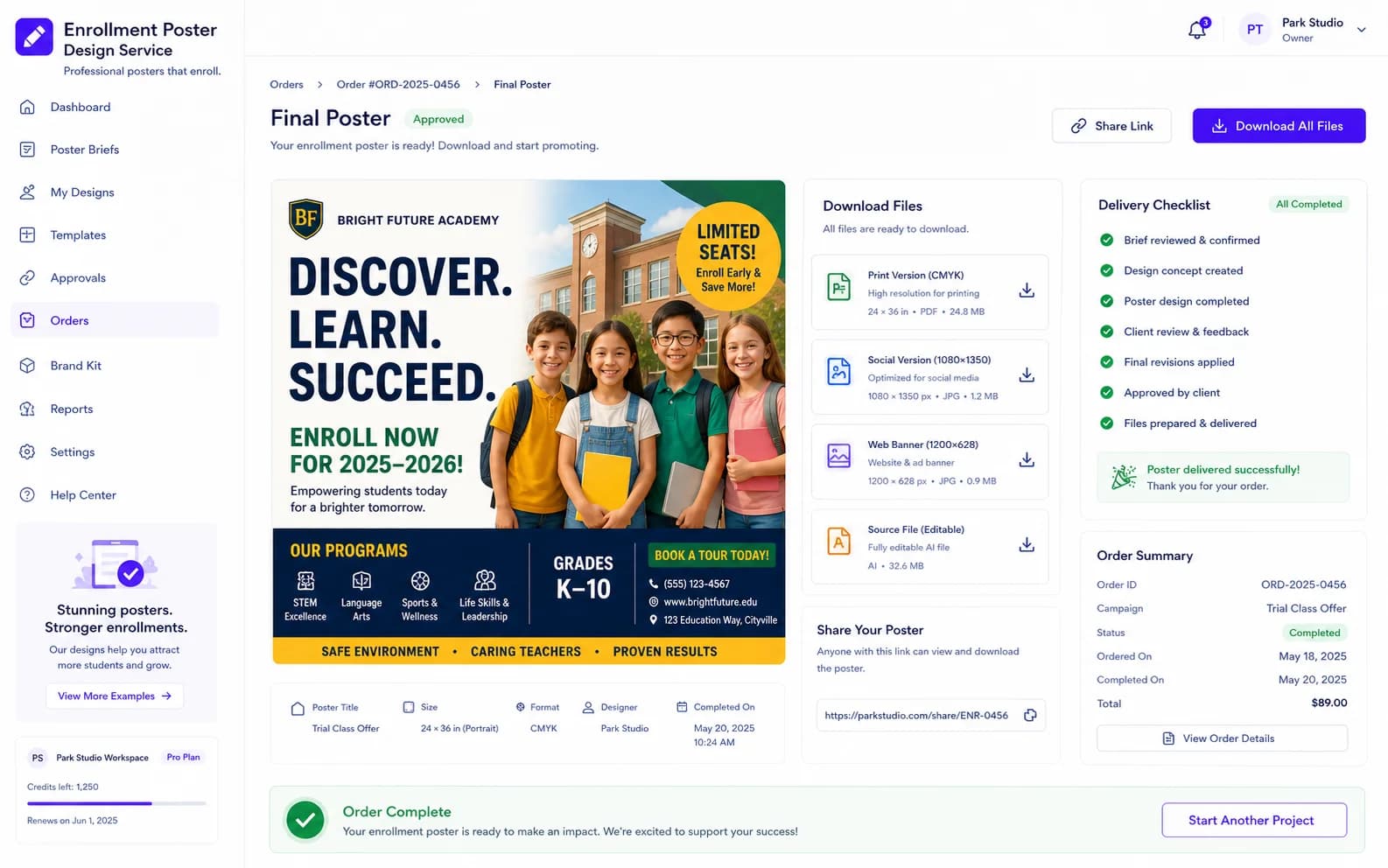 Enrollment Poster Design Service results product screenshot