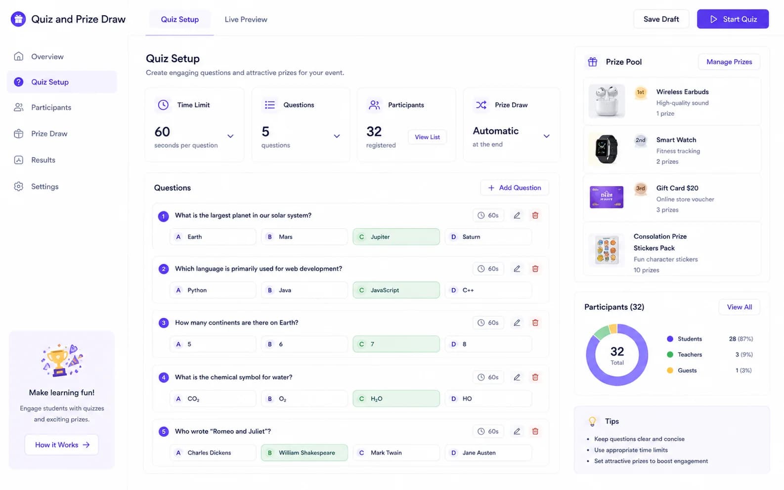 Quiz and Prize Draw overview product screenshot