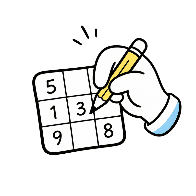 A hand holding a pencil filling in a Sudoku grid