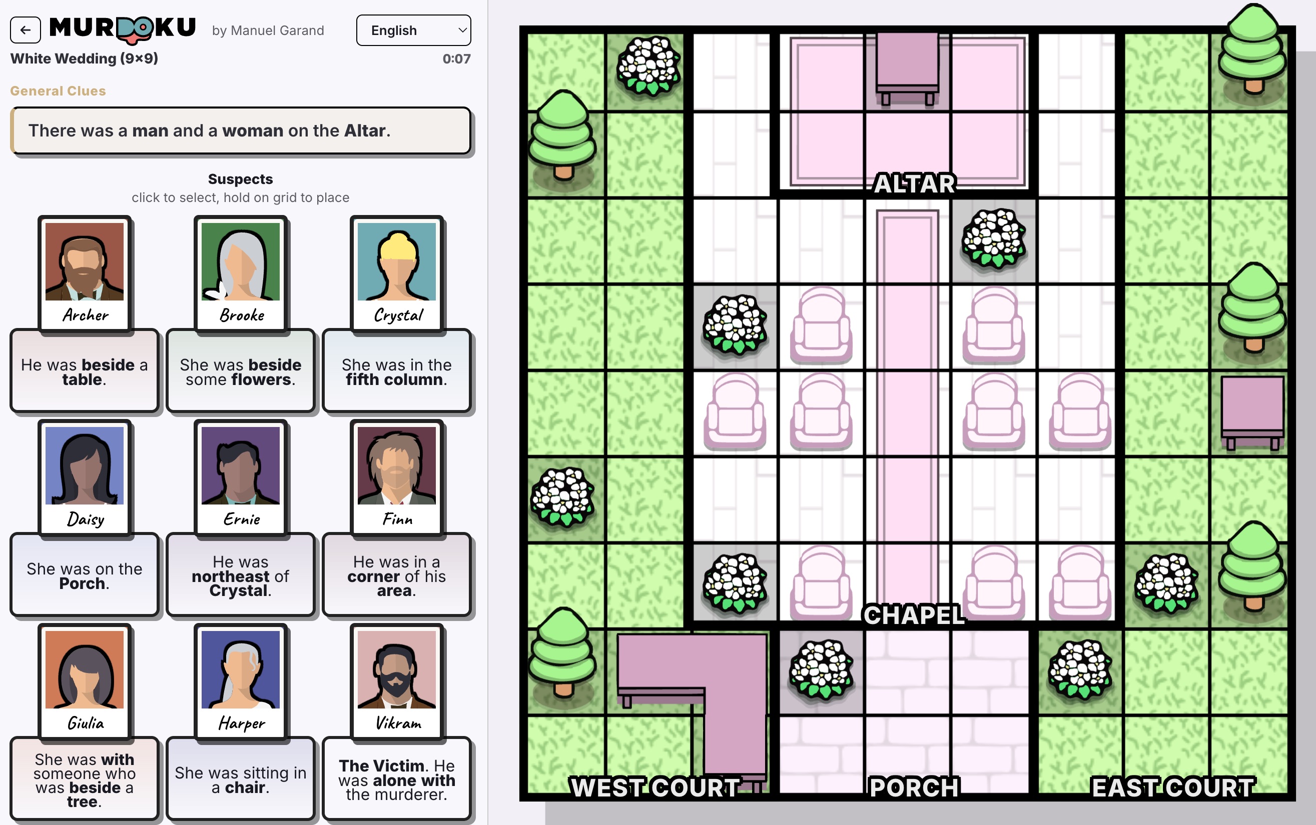 Screenshot of a Murdoku puzzle showing clues and the crime-scene grid
